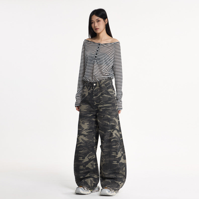 Vintage Camo Wide-Leg Denim – Knife Cut Design