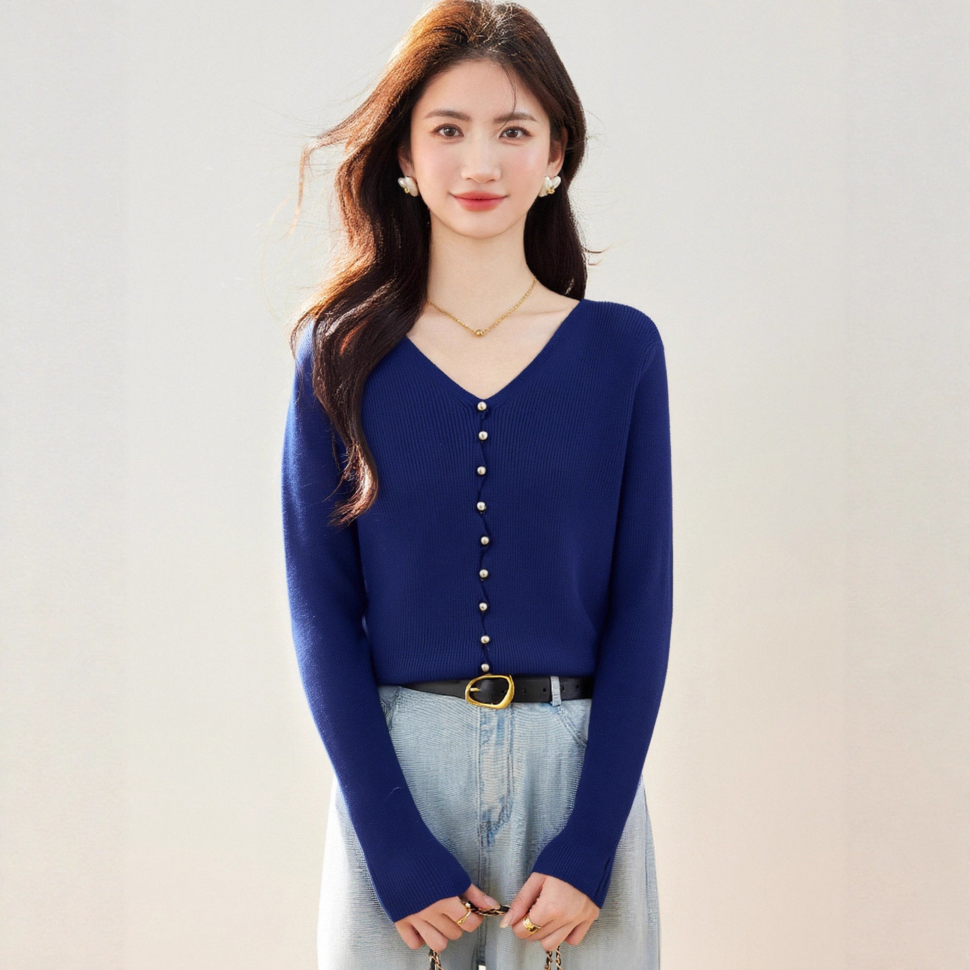 Elegant Blue V-Neck Top – Minimal Chic Design