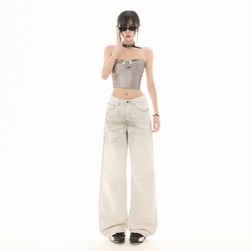 Stone-Washed White Denim – Straight Cut Street Pants