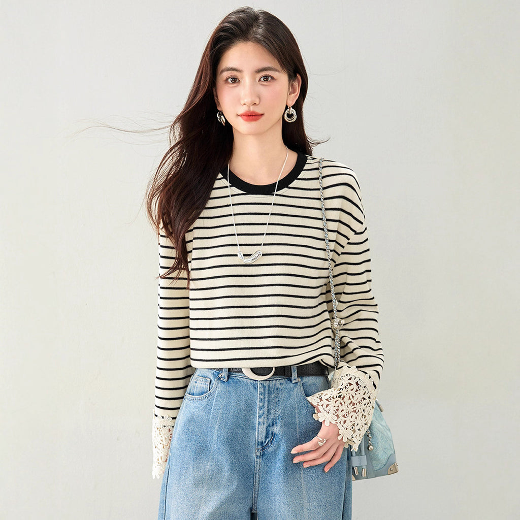 Korean Style Striped Top – Flare Sleeves with Lace Detail