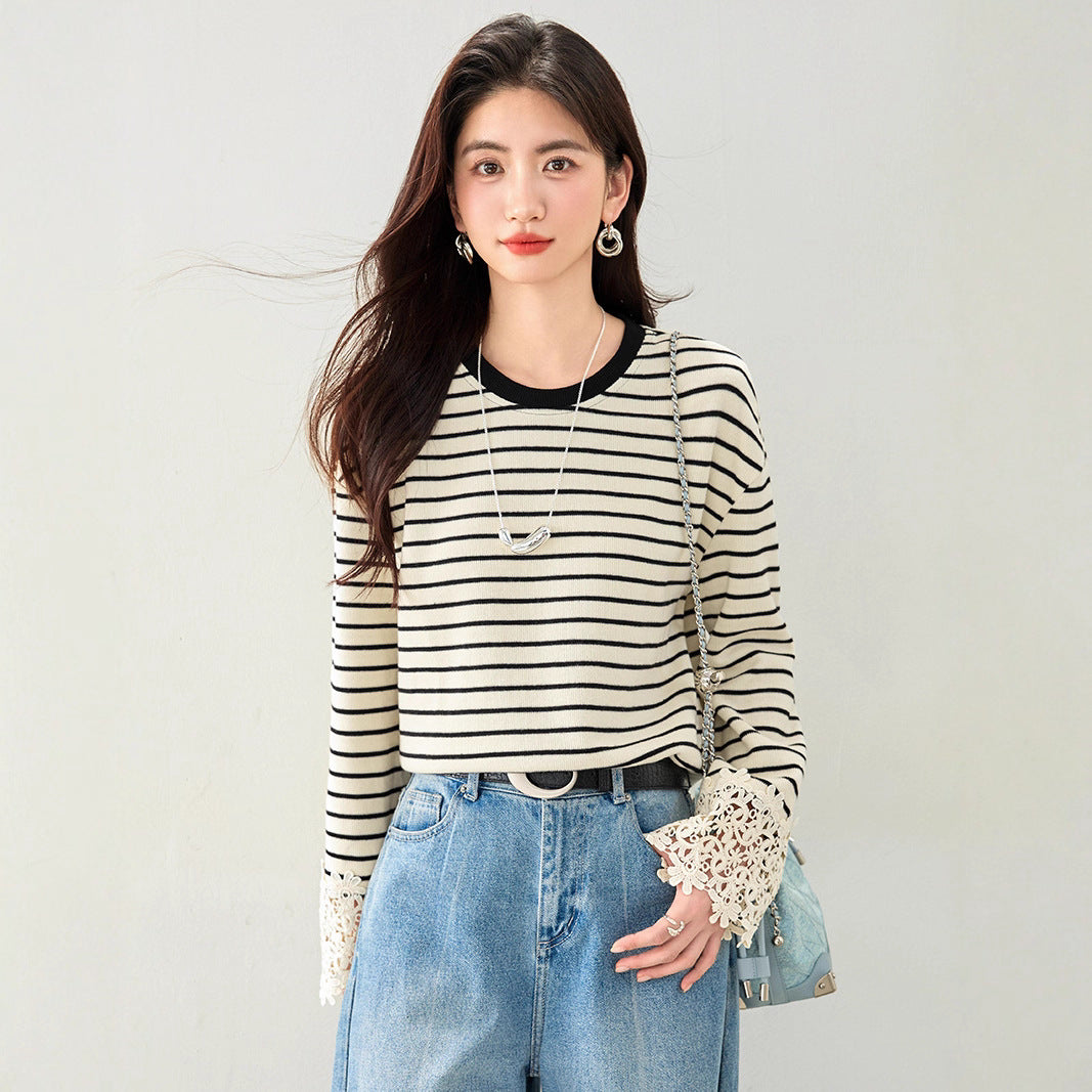 Korean Style Striped Top – Flare Sleeves with Lace Detail