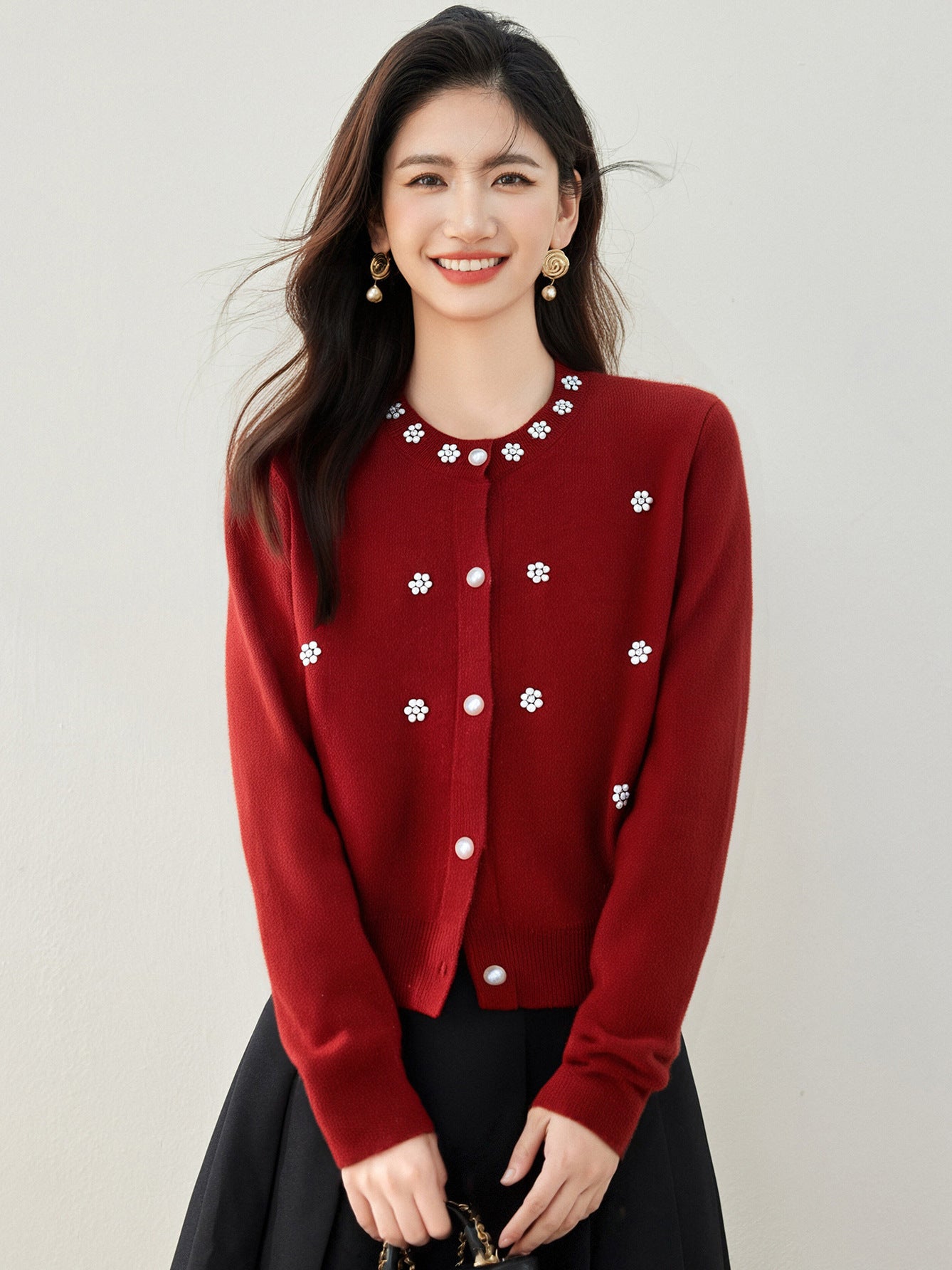Red College-Style Cardigan – Sweet, Fresh & Elegant