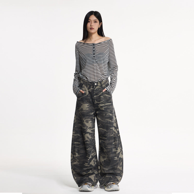 Vintage Camo Wide-Leg Denim – Knife Cut Design
