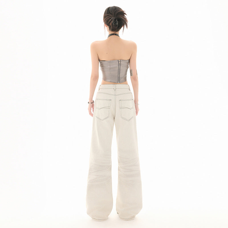 Stone-Washed White Denim – Straight Cut Street Pants