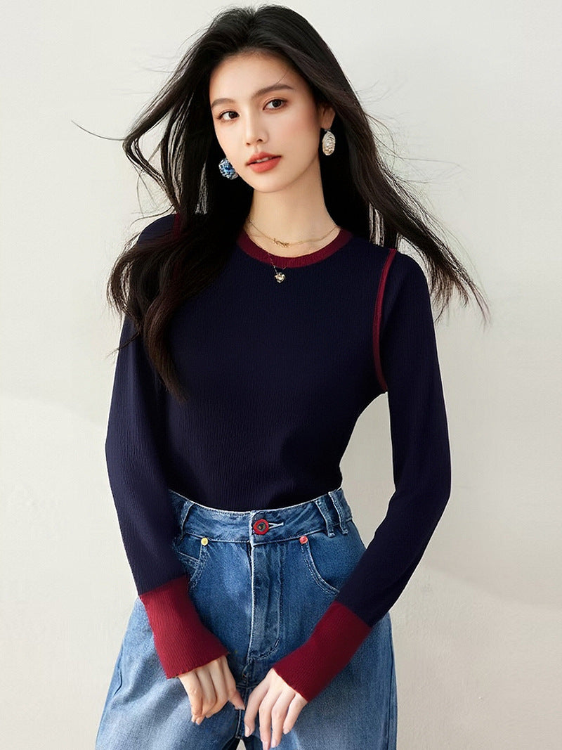 Elegant Color Block Knit Pullover – Long Sleeve Soft Top
