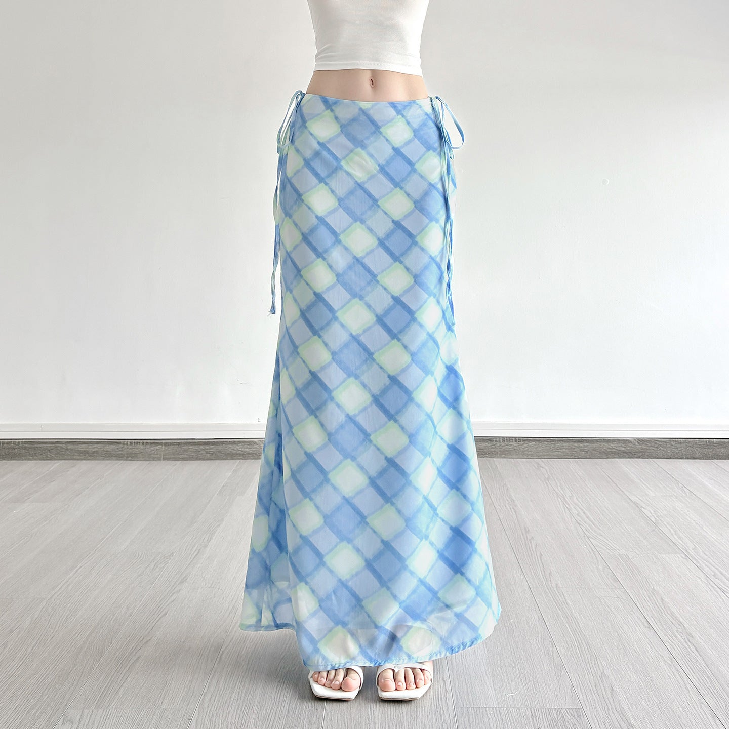 ARIA SKIRT – Light Blue Checkered Midi Skirt
