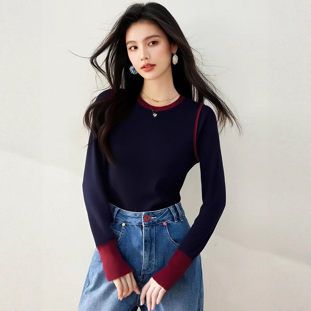 Elegant Color Block Knit Pullover – Long Sleeve Soft Top