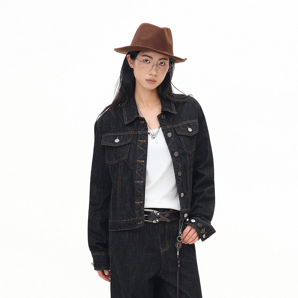 KANIENE NoirStitch – Fitted Contrast-Stitch Denim Jacket