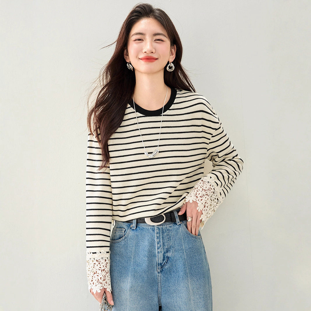 Korean Style Striped Top – Flare Sleeves with Lace Detail