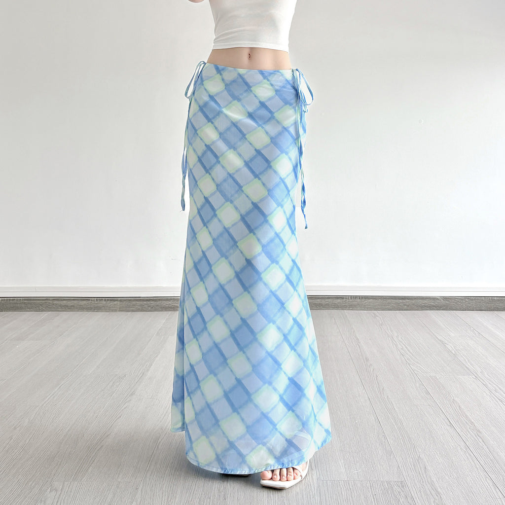 ARIA SKIRT – Light Blue Checkered Midi Skirt