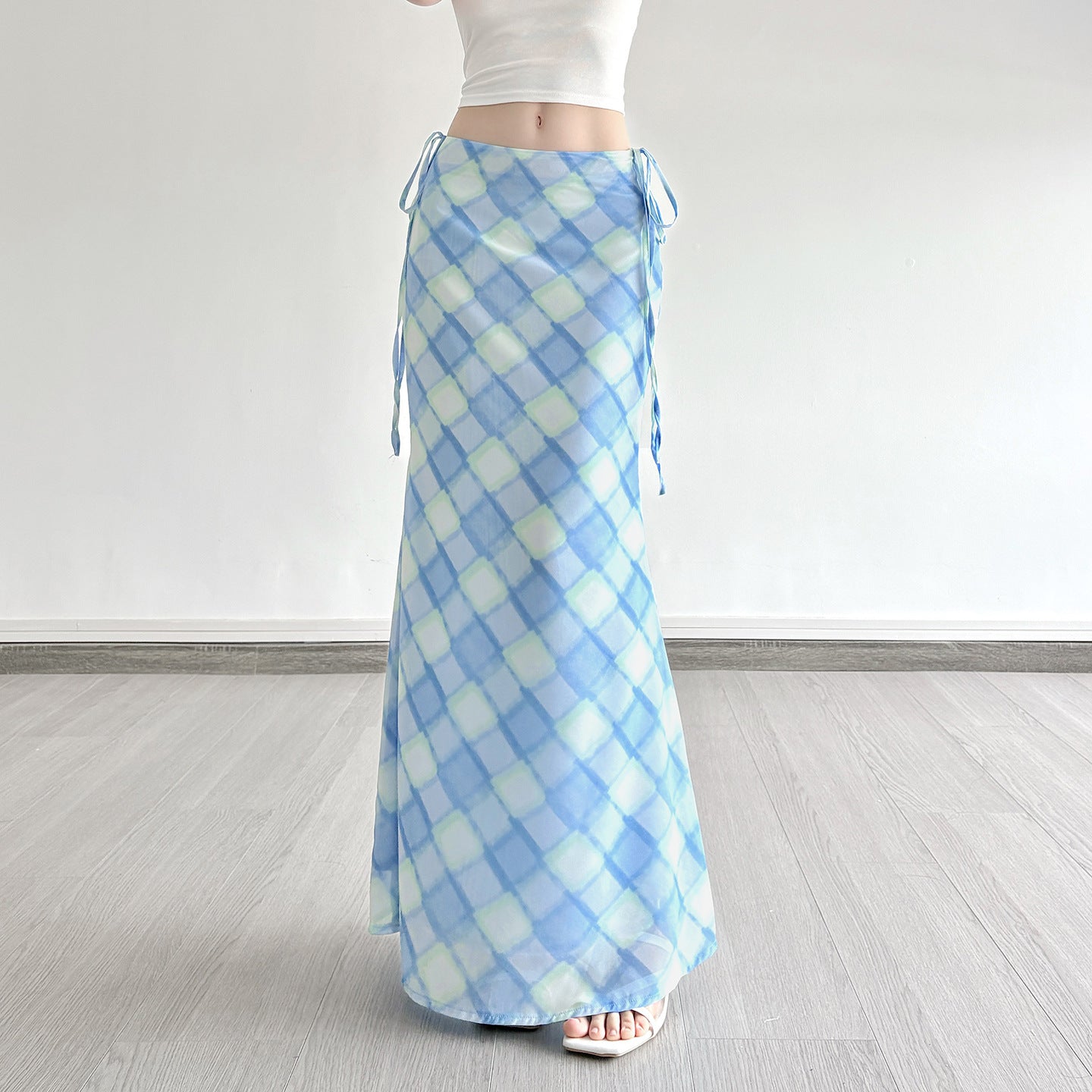 ARIA SKIRT – Light Blue Checkered Midi Skirt