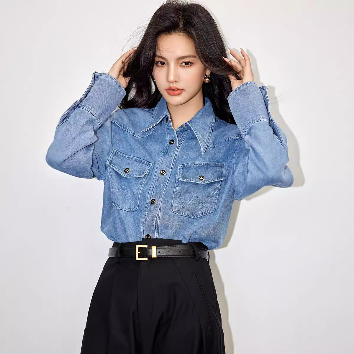 Retro Washed Denim Shirt – Versatile Slim Fit Blue Edition