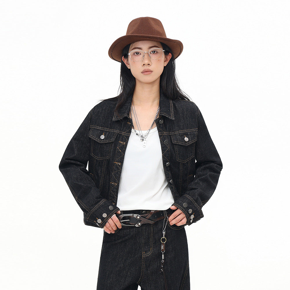 KANIENE NoirStitch – Fitted Contrast-Stitch Denim Jacket