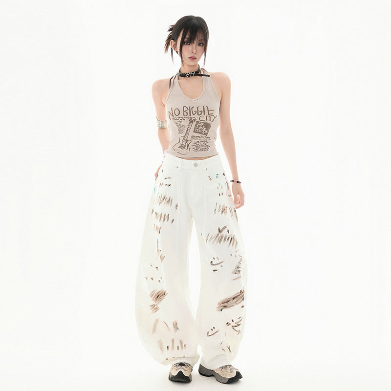 White Stone-Washed Streetwear Jeans – Knife Cut Design