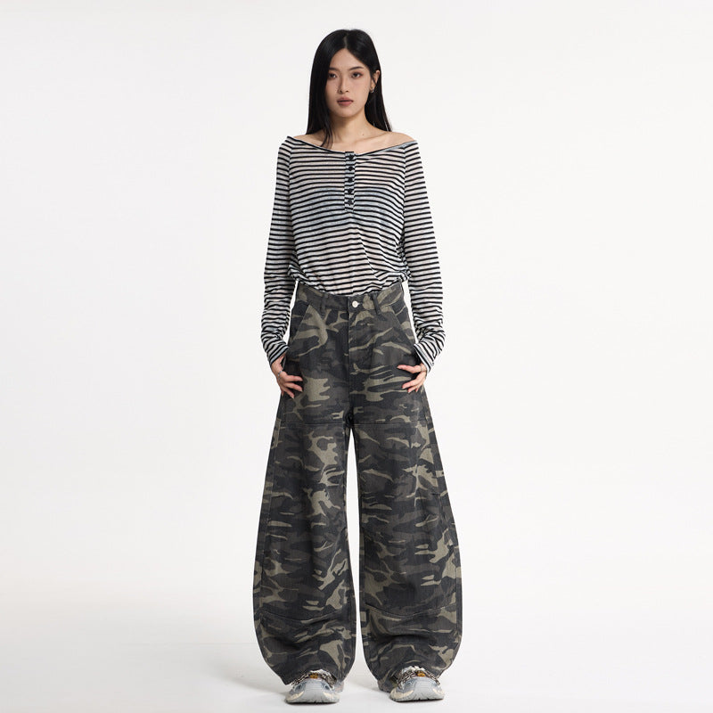 Vintage Camo Wide-Leg Denim – Knife Cut Design