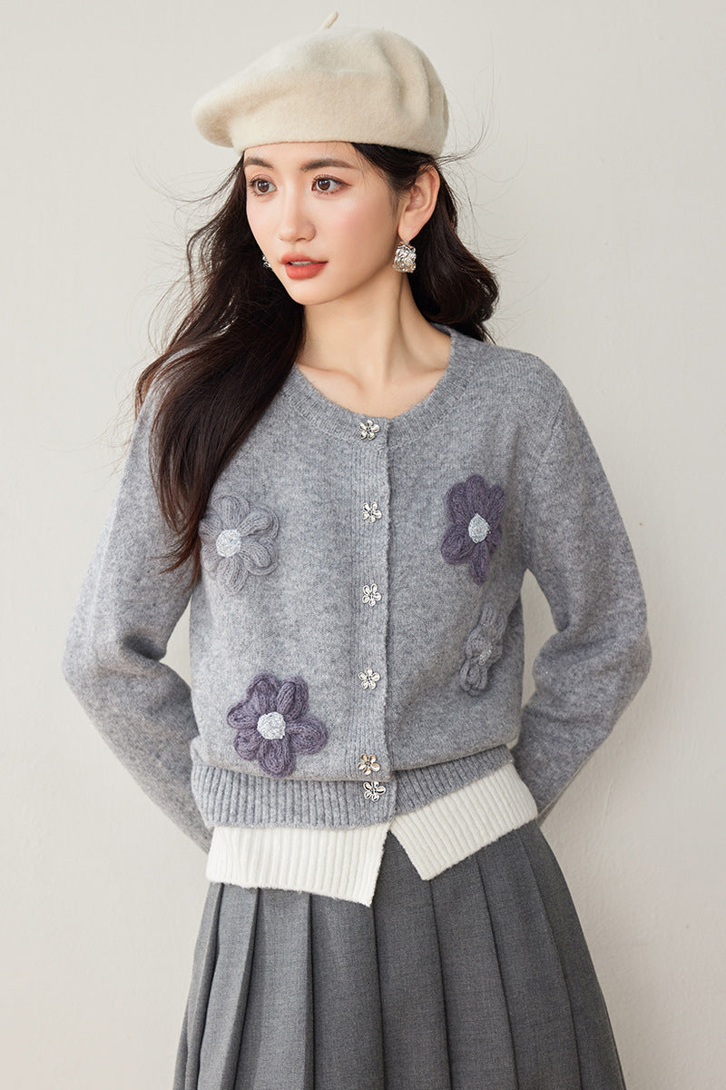 VIOLET CHARM – Gray Floral Knit Cardigan