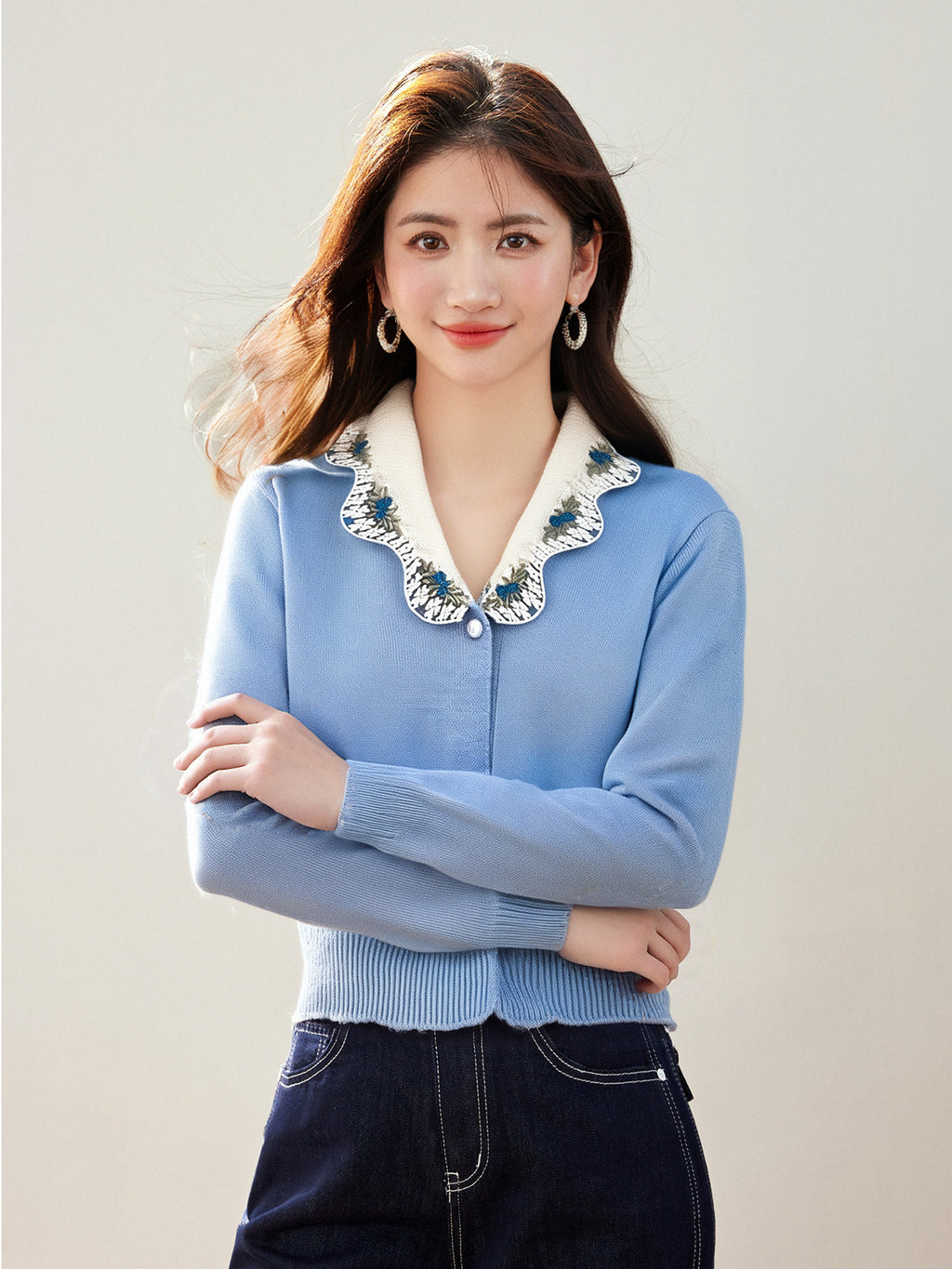 Blue Embroidered Collar Cardigan – Soft & Elegant Fresh Look