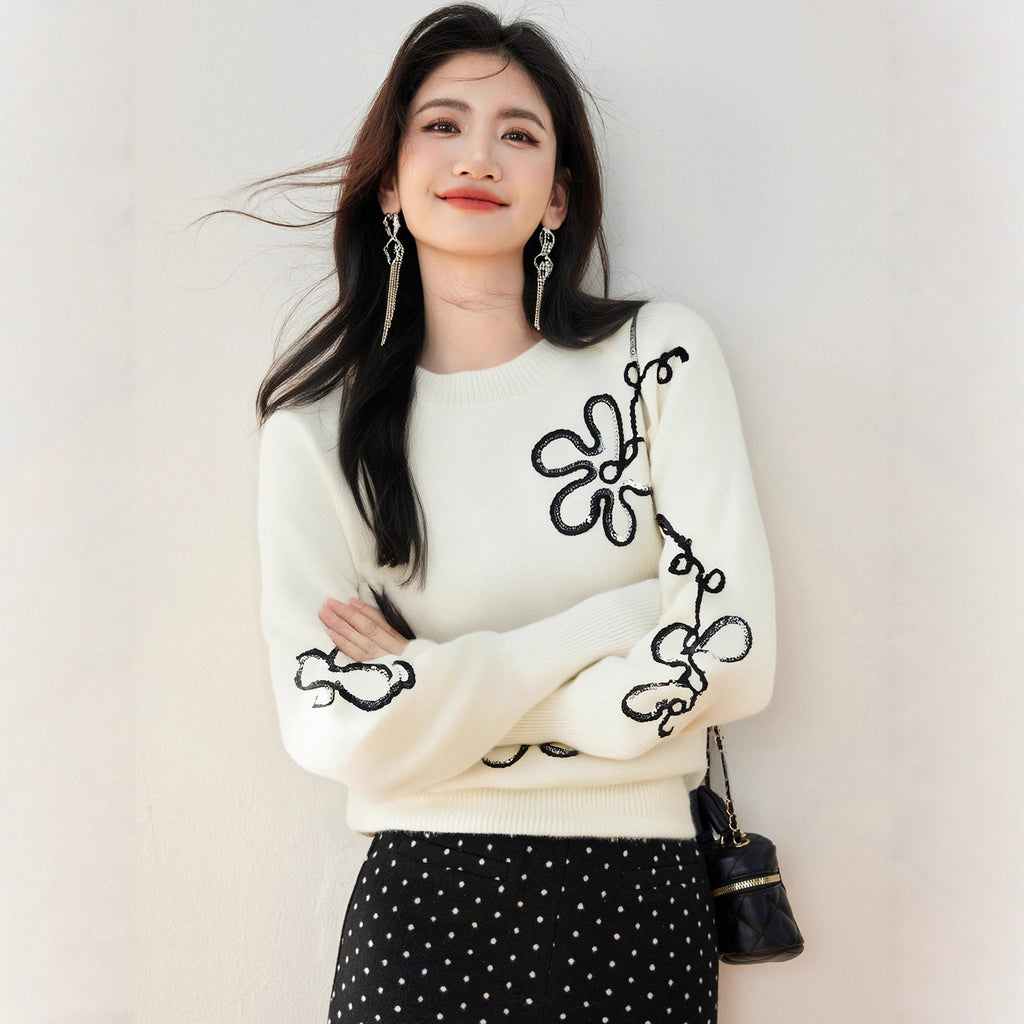 TOKYO BLOOM – Floral Rhinestone Knit Top