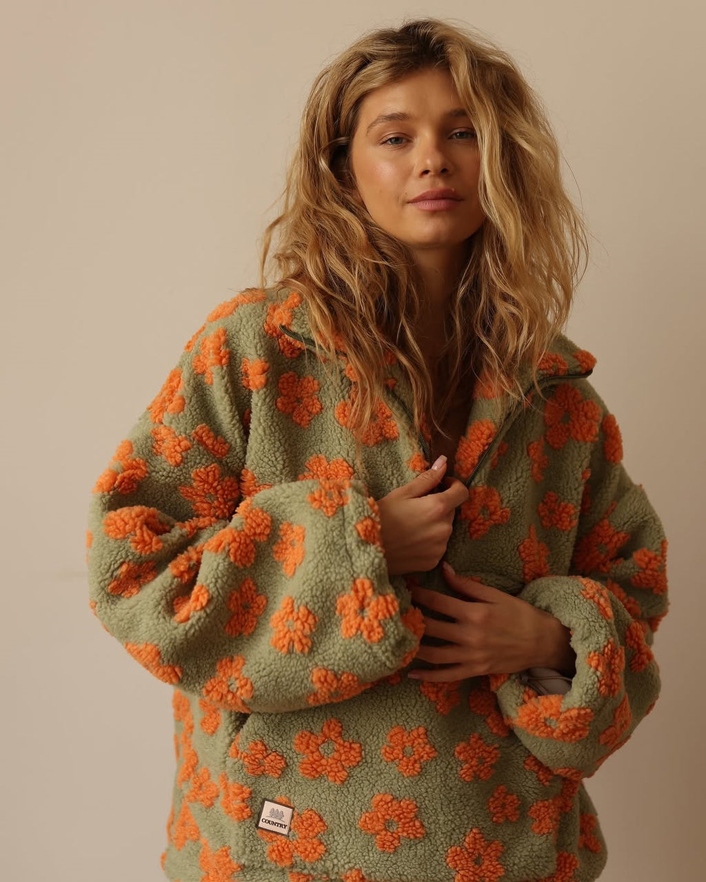 Floral Print Fleece Zip Jacket – Cozy Oversized Sweatshirt
