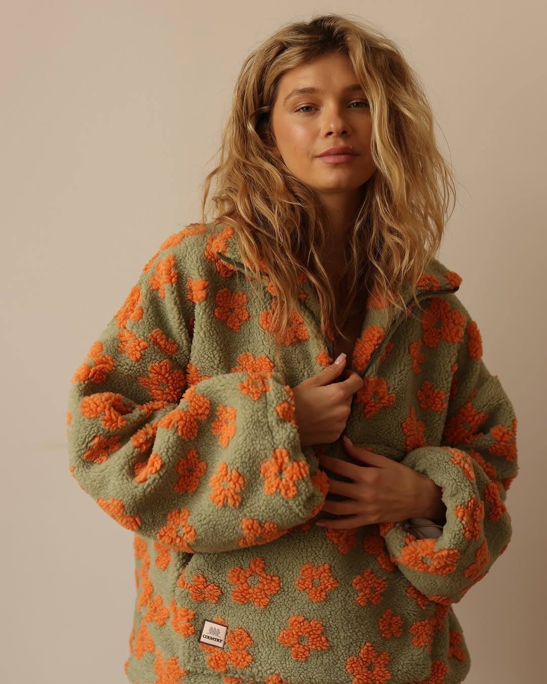 Floral Print Fleece Zip Jacket – Cozy Oversized Sweatshirt