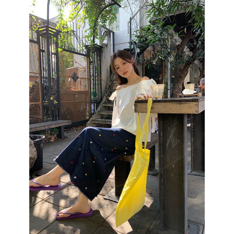 Star high waisted split denim skirt for women