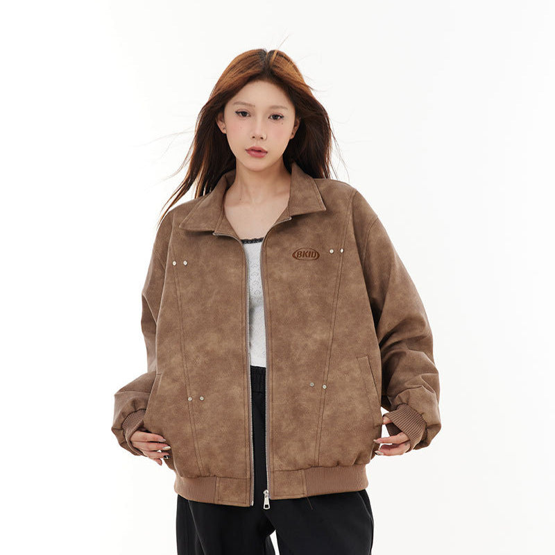 American Retro Cotton Jacket – Loose Fit with Flip Collar