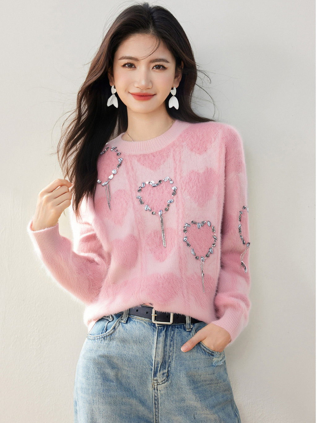 HEART GLOW – Pink Bamboo Cotton Knit Sweater