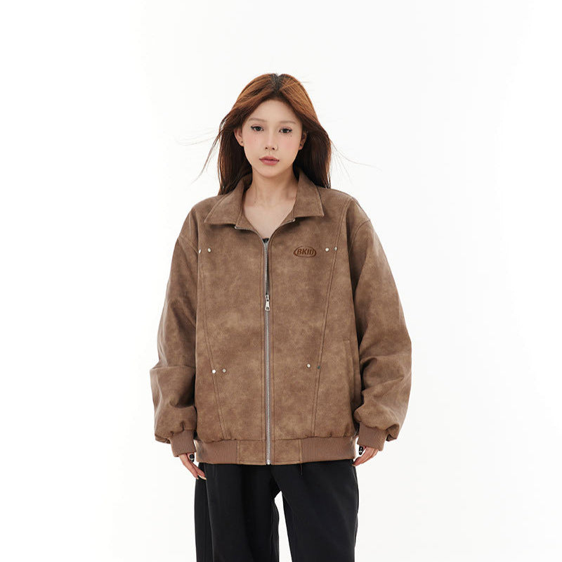 American Retro Cotton Jacket – Loose Fit with Flip Collar