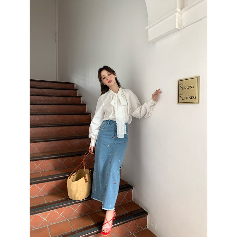 Star high waisted split denim skirt for women