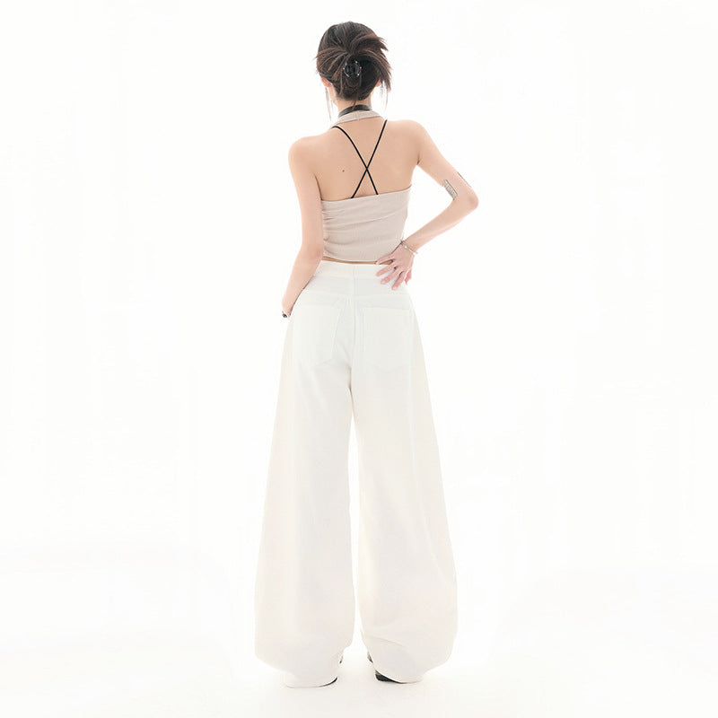 White Stone-Washed Streetwear Jeans – Knife Cut Design