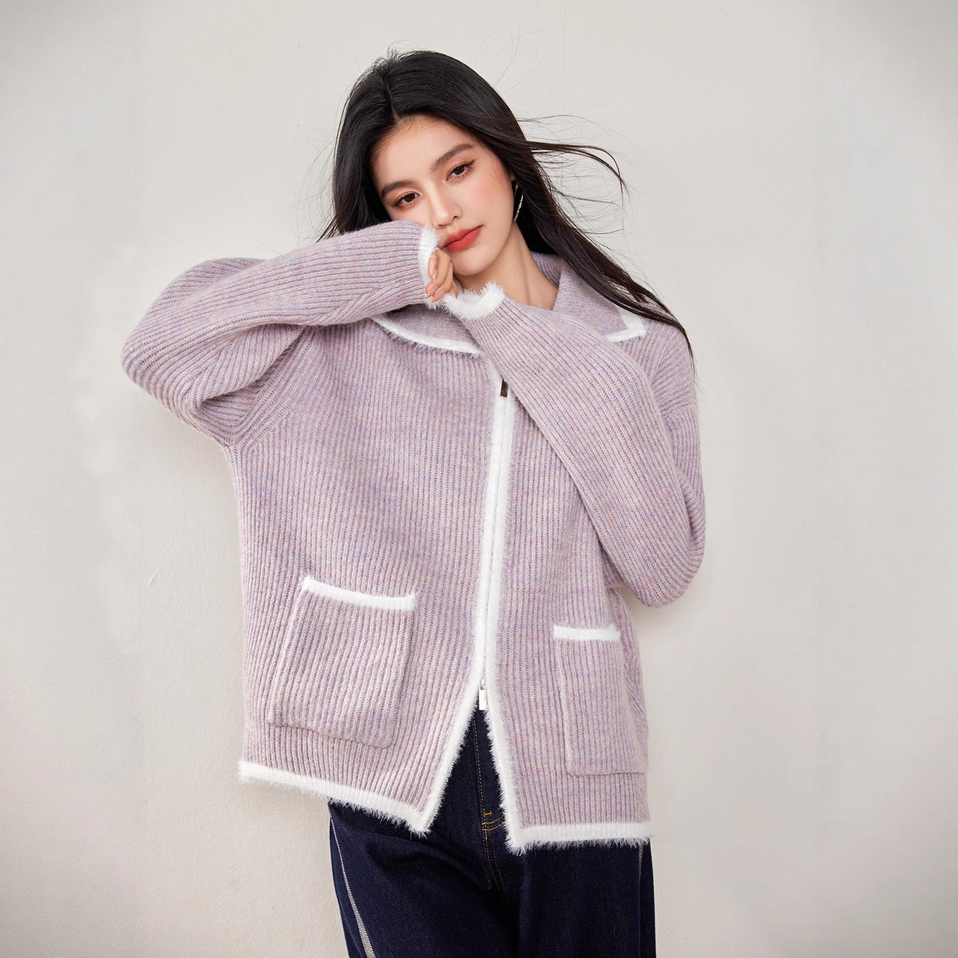 LAVENDER Color-Block Zip Cardigan