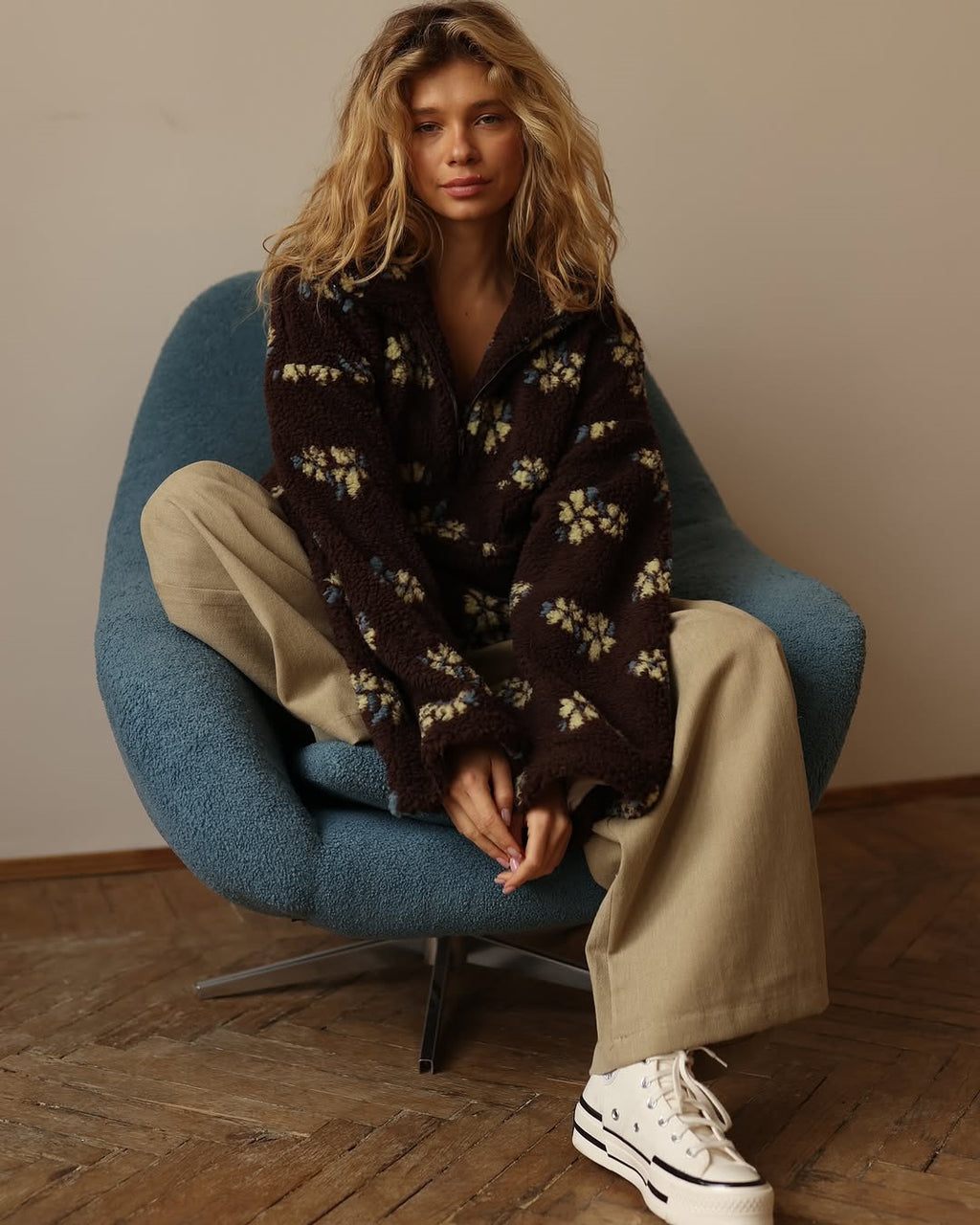 Floral Print Fleece Zip Jacket – Cozy Oversized Sweatshirt