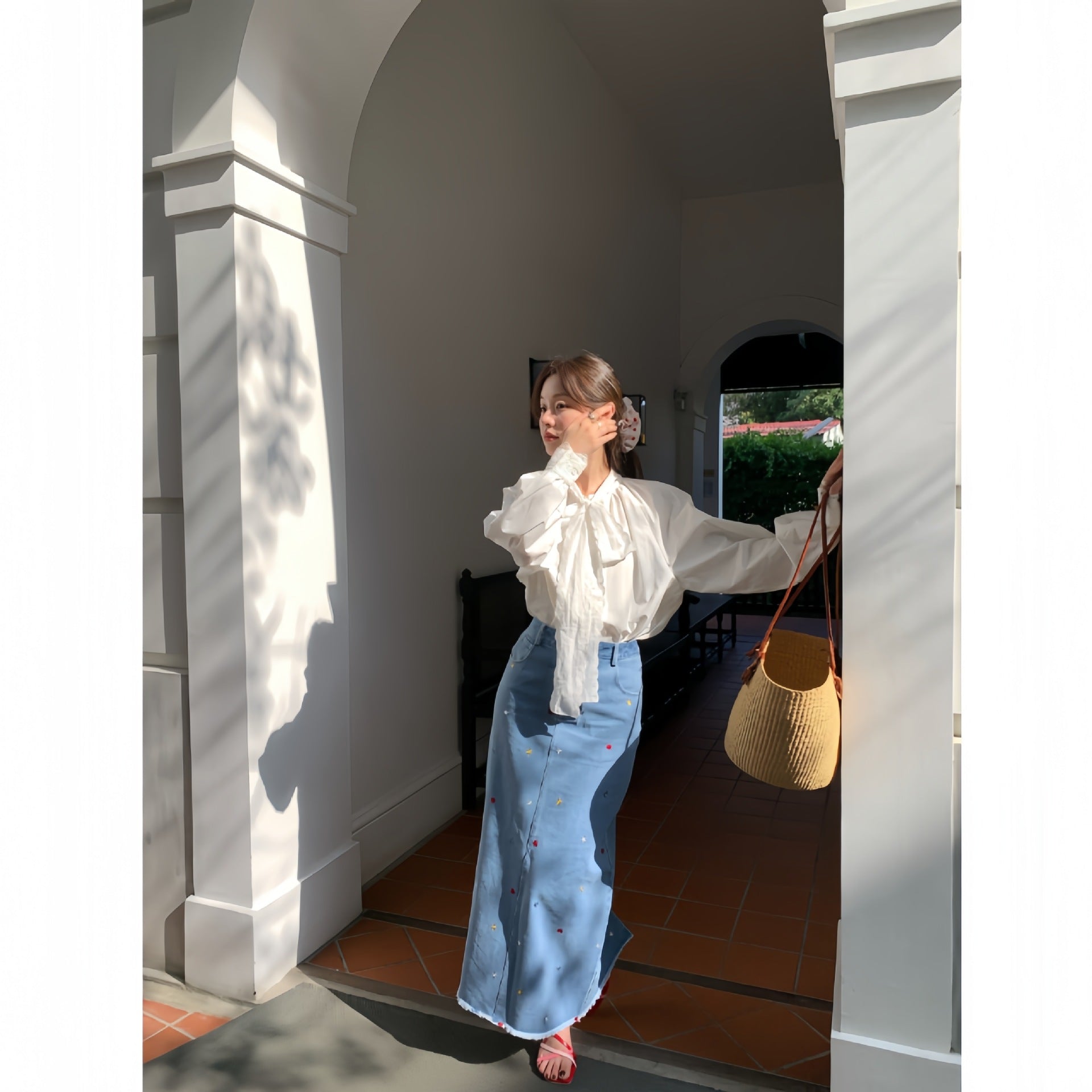 Star high waisted split denim skirt for women