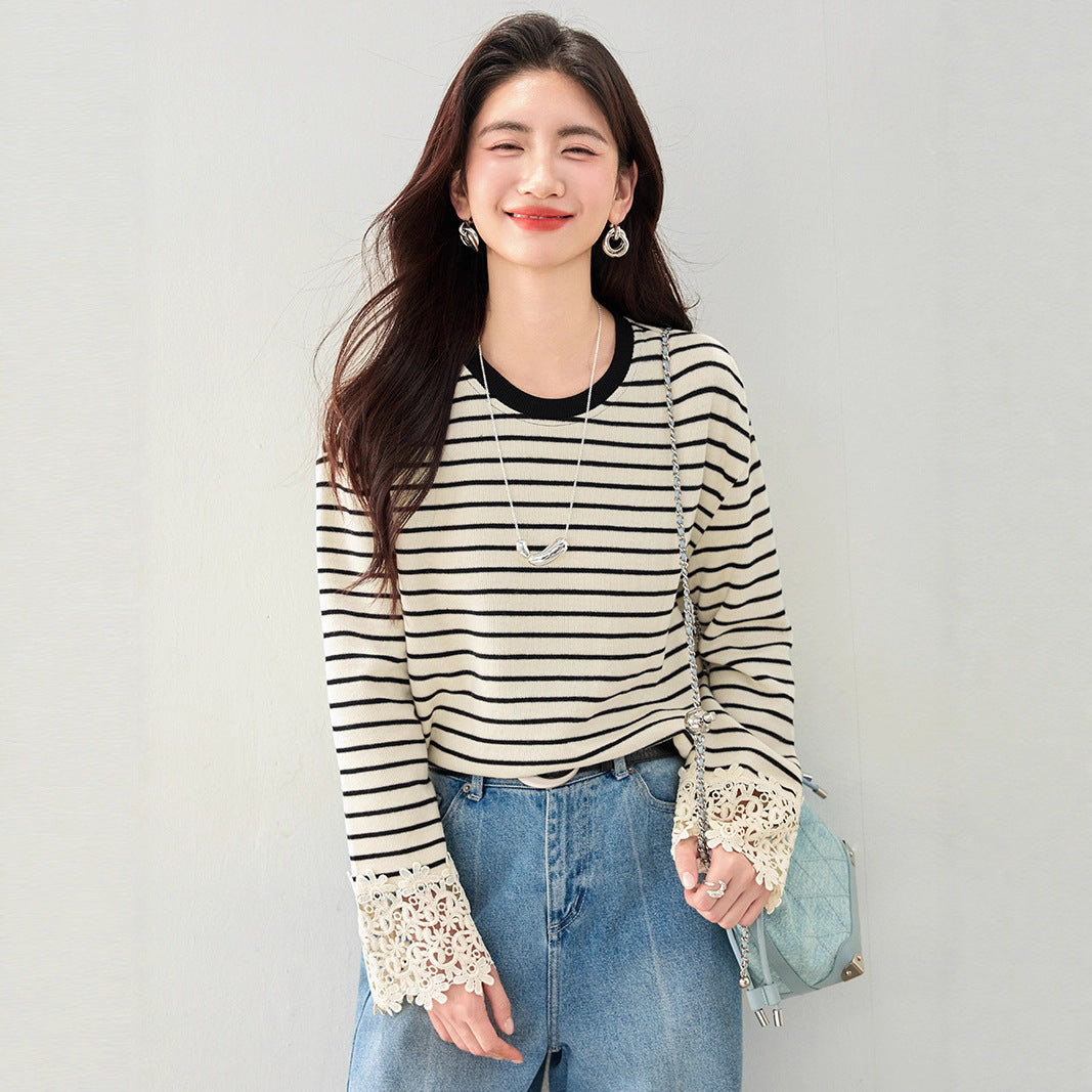 Korean Style Striped Top – Flare Sleeves with Lace Detail