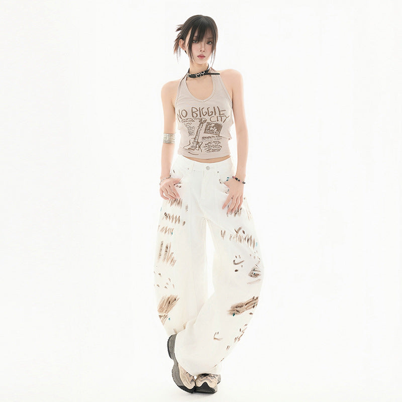 White Stone-Washed Streetwear Jeans – Knife Cut Design