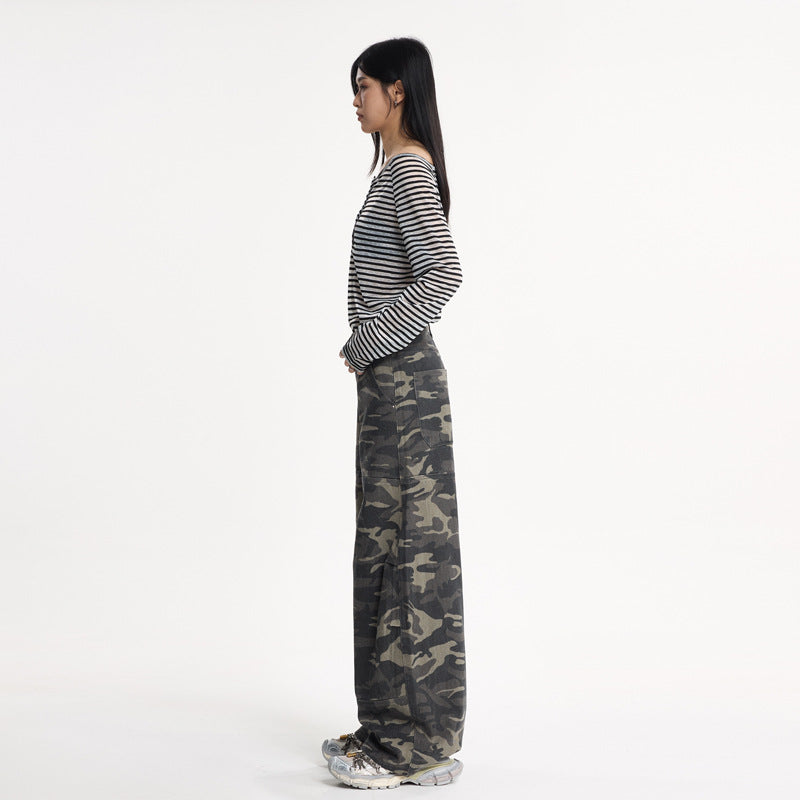 Vintage Camo Wide-Leg Denim – Knife Cut Design