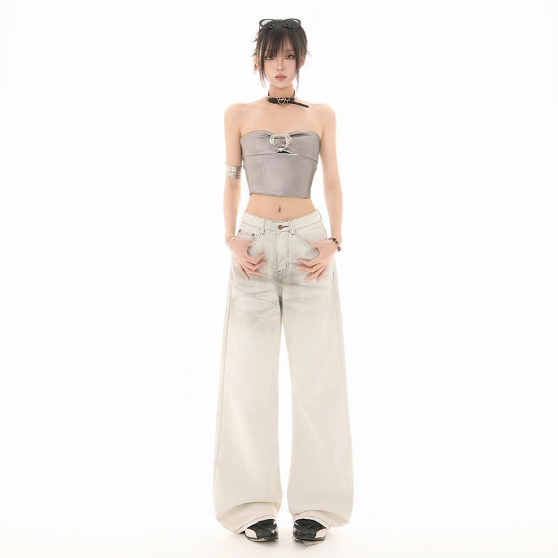 Stone-Washed White Denim – Straight Cut Street Pants