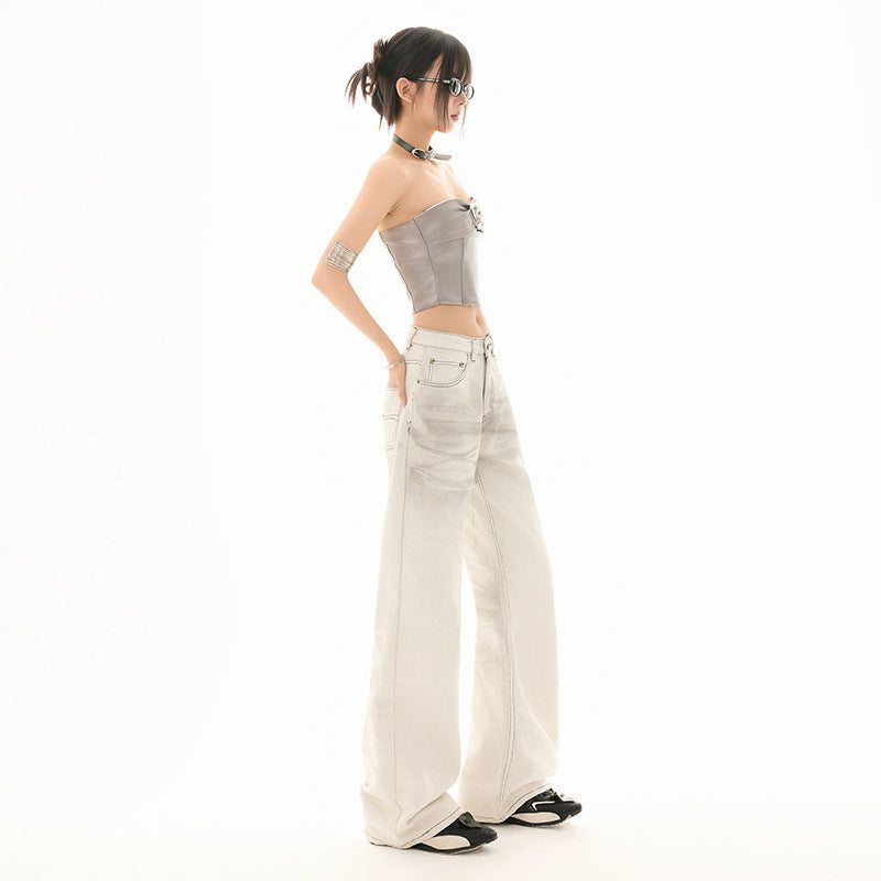 Stone-Washed White Denim – Straight Cut Street Pants