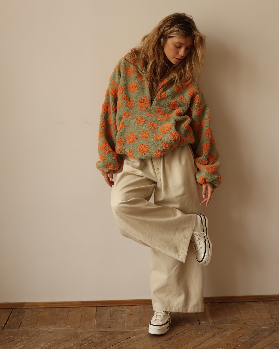 Floral Print Fleece Zip Jacket – Cozy Oversized Sweatshirt