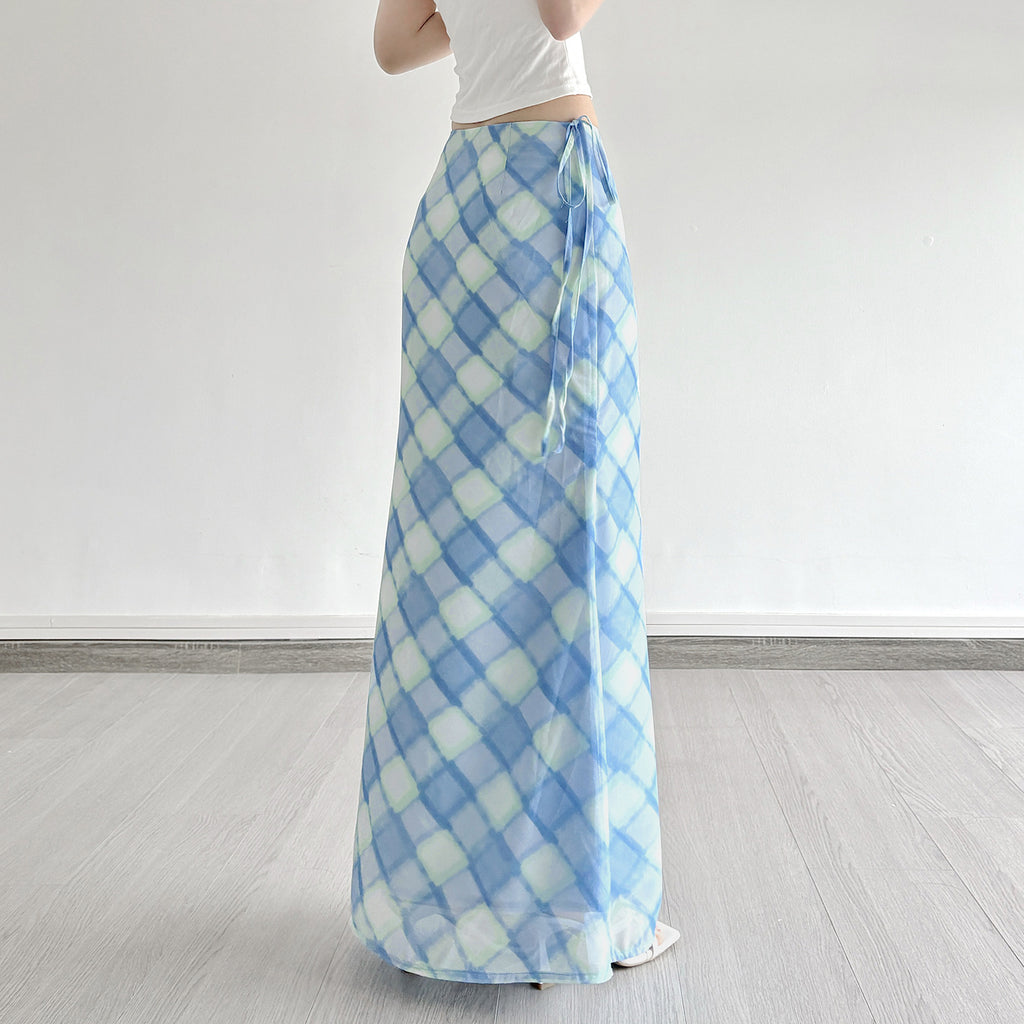 ARIA SKIRT – Light Blue Checkered Midi Skirt