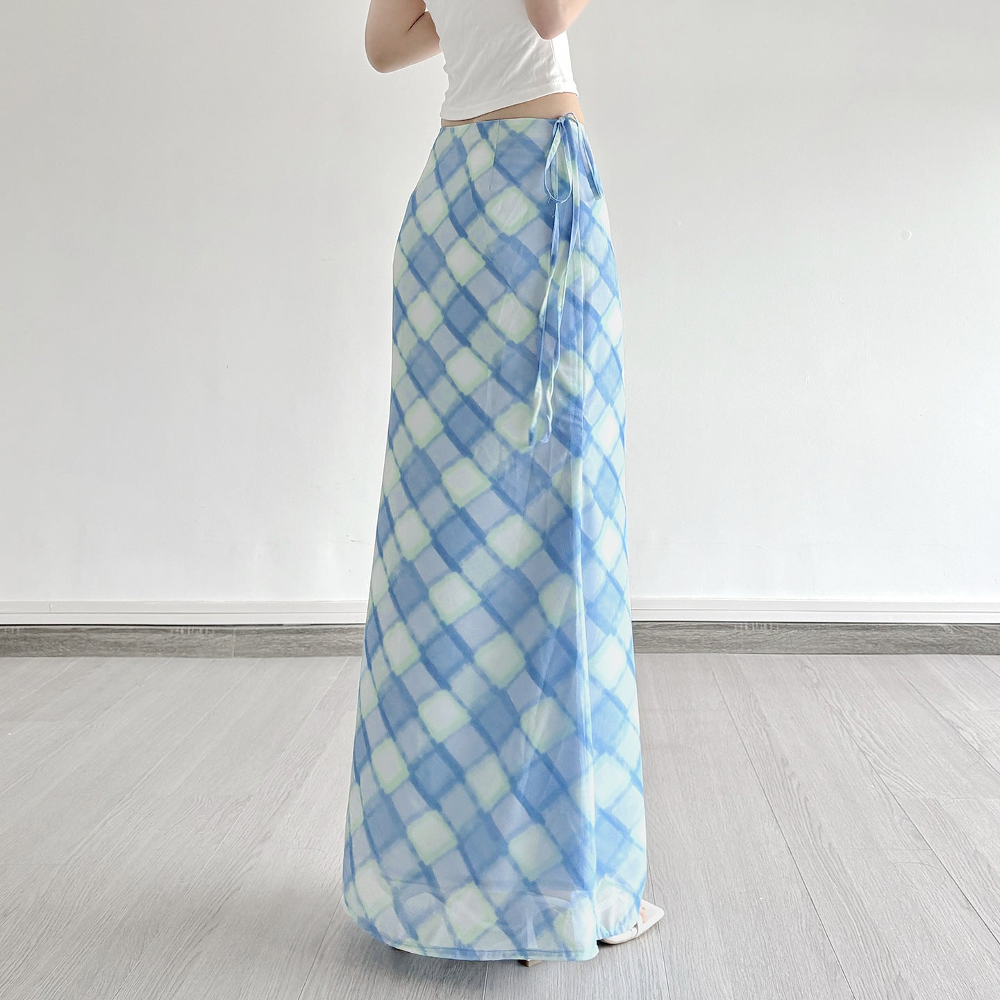 ARIA SKIRT – Light Blue Checkered Midi Skirt