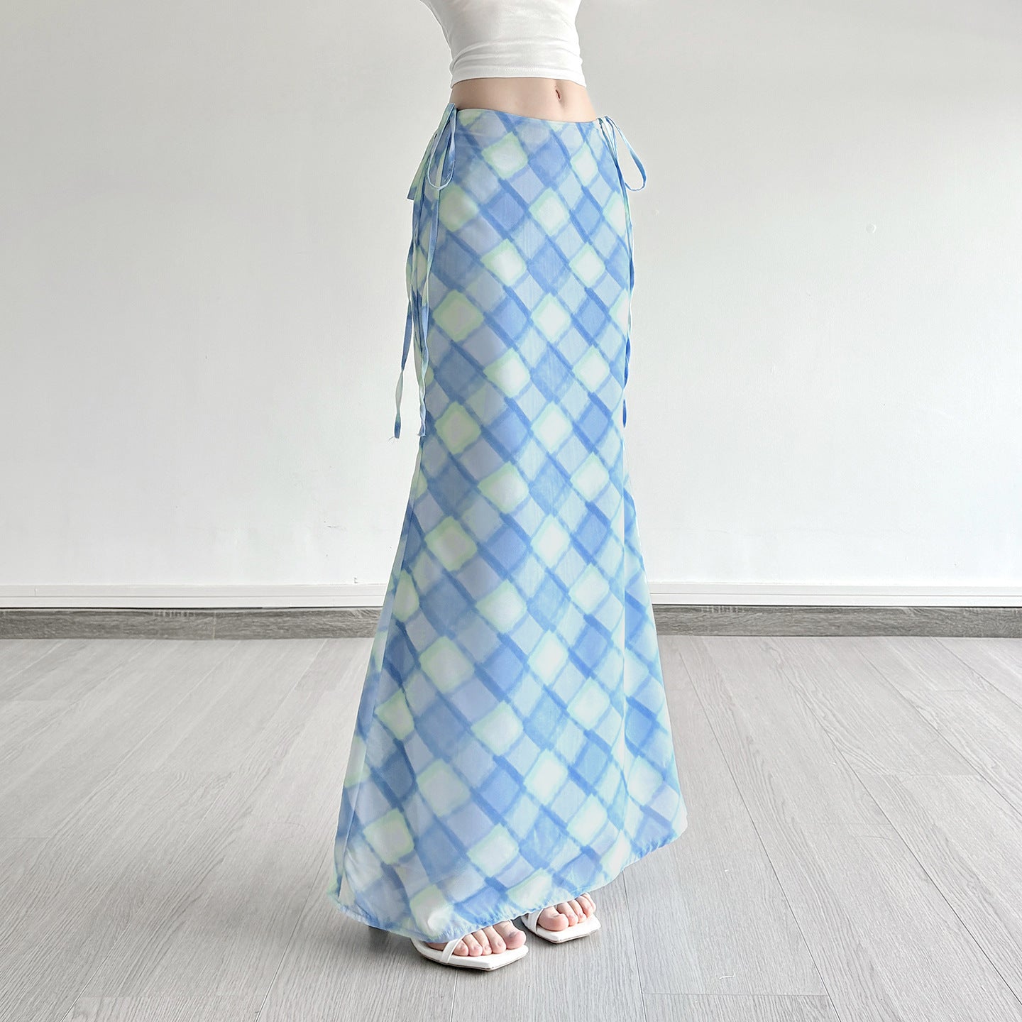 ARIA SKIRT – Light Blue Checkered Midi Skirt