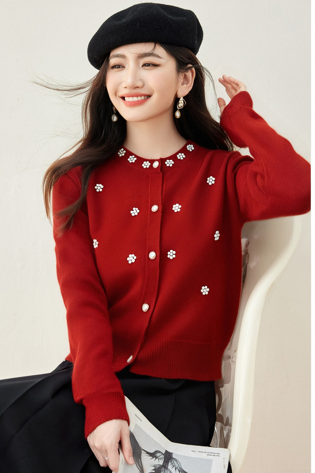 Red College-Style Cardigan – Sweet, Fresh & Elegant