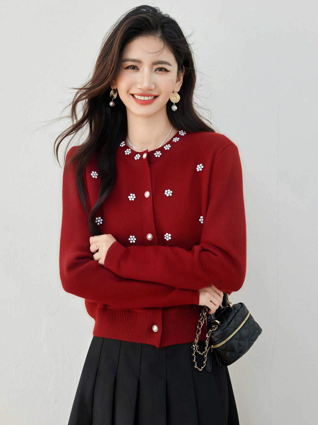 Red College-Style Cardigan – Sweet, Fresh & Elegant