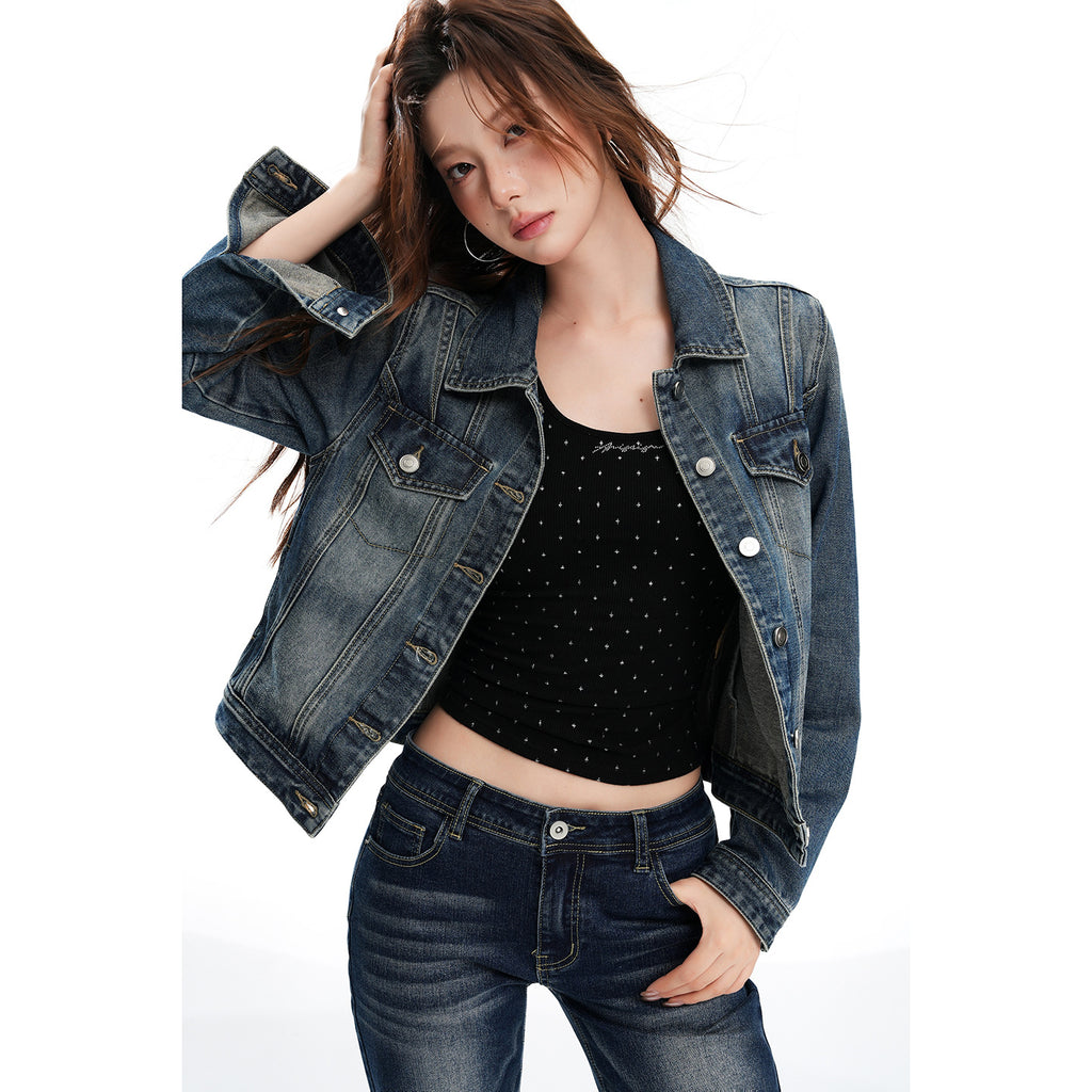 Slim Fit Cropped Denim Biker Jacket – Nostalgic Blue Edition