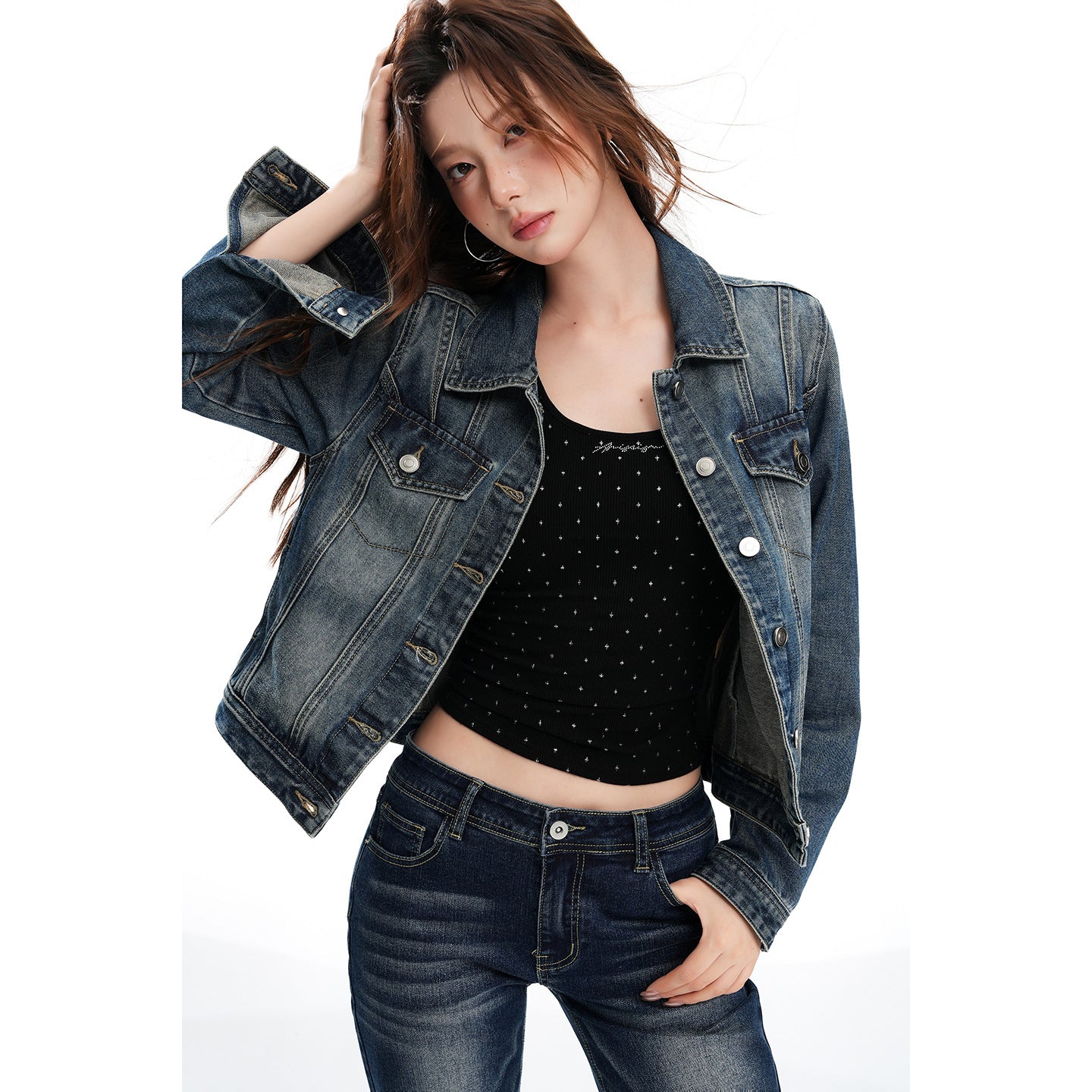 Slim Fit Cropped Denim Biker Jacket – Nostalgic Blue Edition