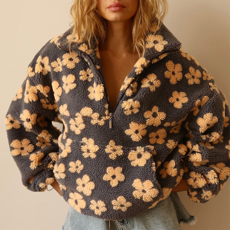 Floral Print Fleece Zip Jacket – Cozy Oversized Sweatshirt