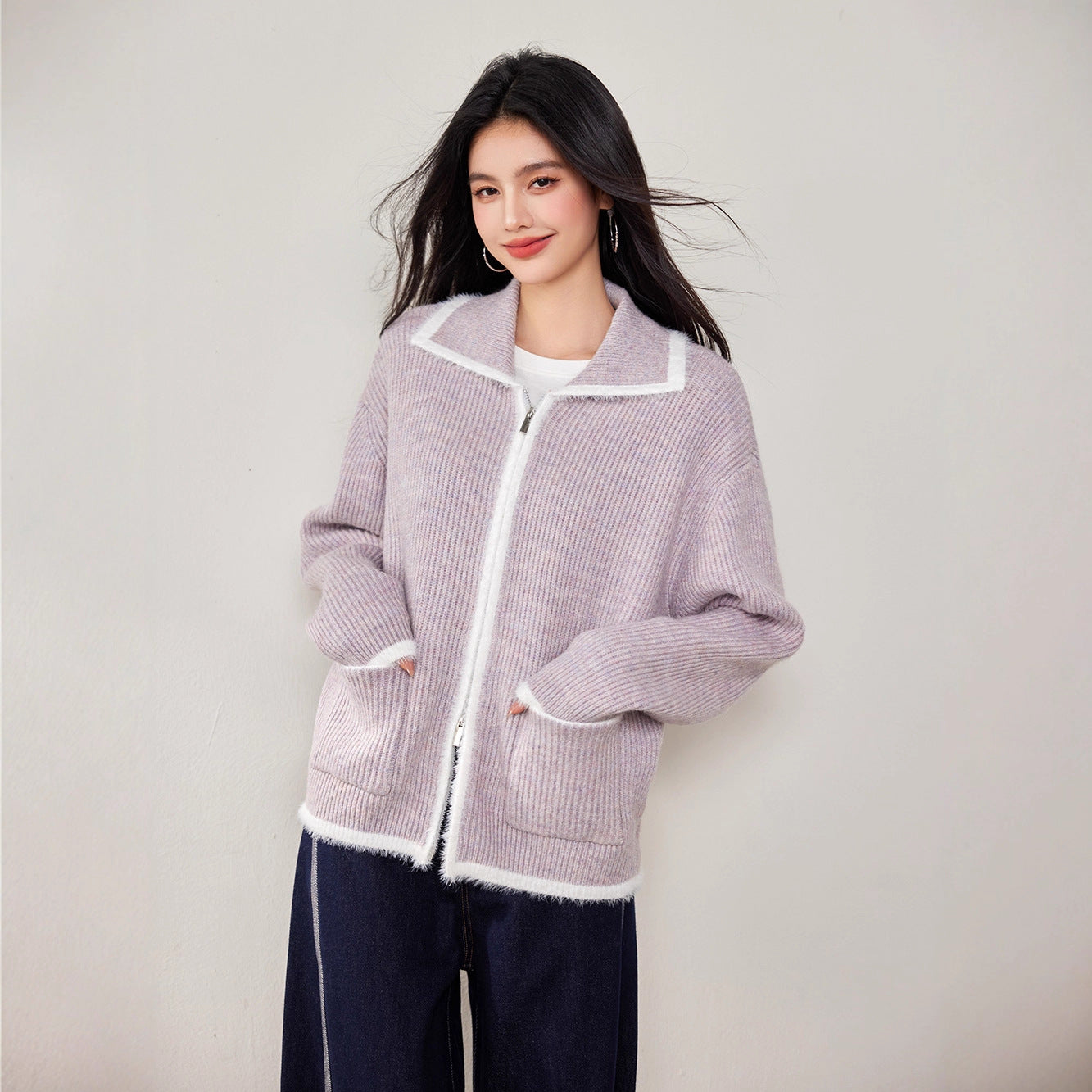 LAVENDER Color-Block Zip Cardigan