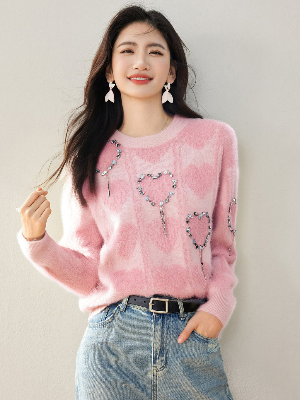 HEART GLOW – Pink Bamboo Cotton Knit Sweater