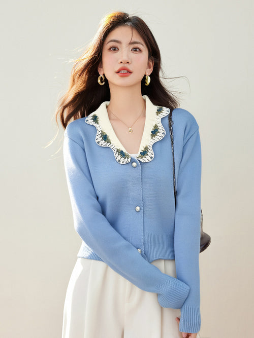 Blue Embroidered Collar Cardigan – Soft & Elegant Fresh Look
